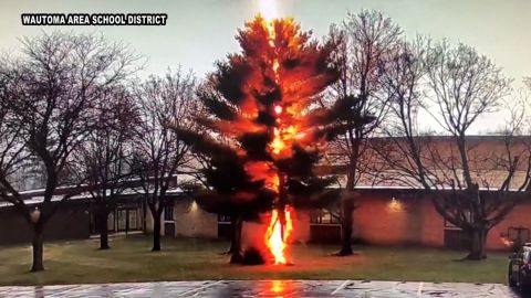 Video shows lightning strike tree outside of Wautoma High School in Wisconsin.