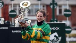 LIVERPOOL, ENGLAND - APRIL 10: Jockey Rachael Blackmore receives the Randox Grand National Handicap Chase trophy after winning on Minella Times on Grand National Day of the 2021 Randox Health Grand National Festival at Aintree Racecourse on April 10, 2021 in Liverpool, England. (Photo by David Davies - Pool/Getty Images)