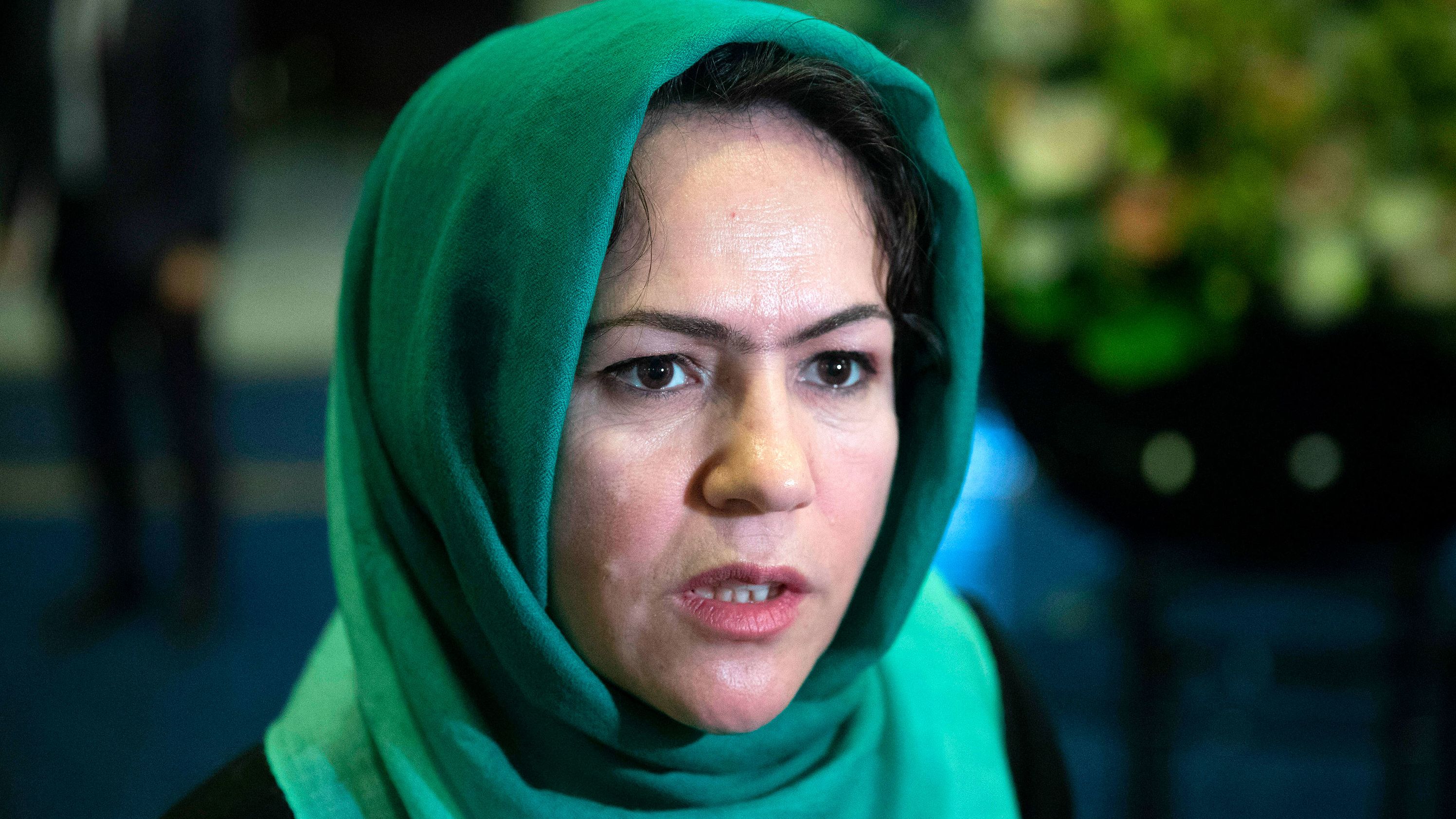 In this Feb. 5, 2019, file photo, Afghan politician Fawzia Koofi speaks to media before the "intra-Afghan" talks in Moscow, Russia.