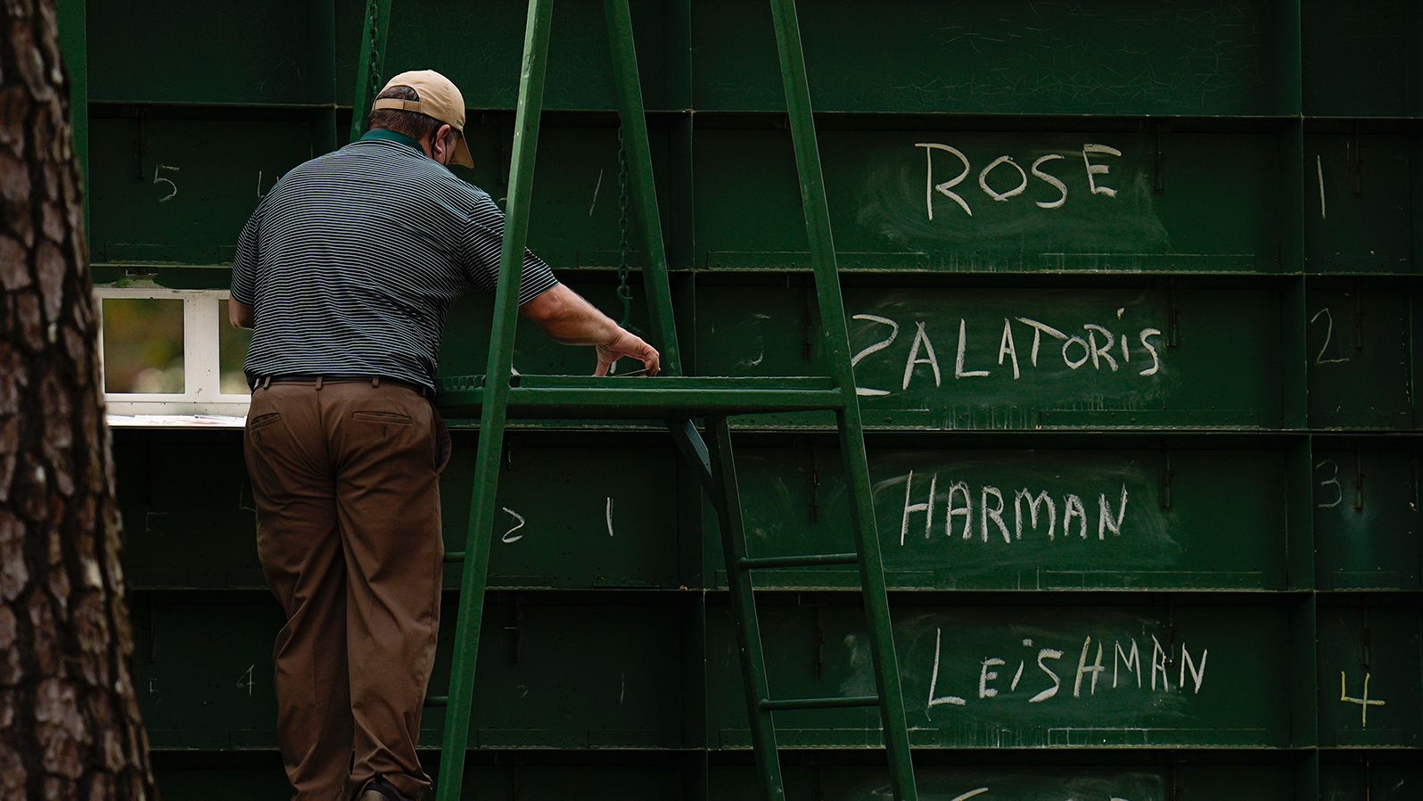 An attendant adjusts scores from behind a leaderboard on Saturday.