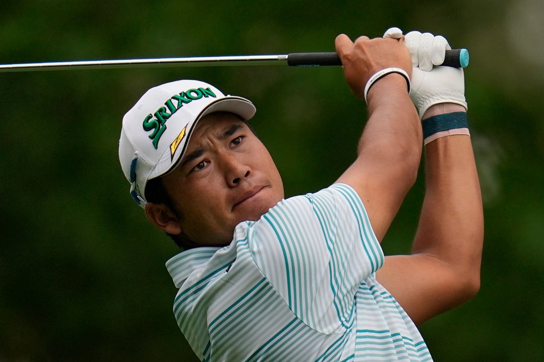 Matsuyama tees off on the fourth hole during the third round of the Masters.