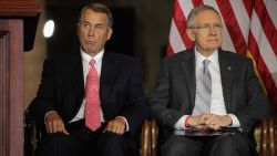 WASHINGTON, DC - SEPTEMBER 10:  U.S. Speaker of the House Rep. John Boehner (R-OH) (L) and Senate Majority Leader Sen. Harry Reid (D-NV) (R) listen to remarks during a Congressional Gold Medal presentation ceremony at the Emancipation Hall of the U.S. Capitol Visitors Center September 10, 2014 on Capitol Hill in Washington, DC. The Congressional Gold Medal was awarded in honor to the men and women who were killed during the September 11th attacks for their heroic sacrifices.  One of the three medals will be provided to the Flight 93 National Memorial in Pennsylvania, the second will go to the National September 11 Memorial and Museum in New York, and the third one will be directed to the Pentagon Memorial at the Pentagon.  (Photo by Alex Wong/Getty Images)