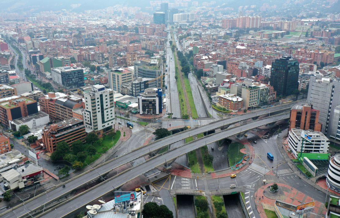 Empty roads in Bogota, Colombia, on March 20, 2020. Colombia moved to the CDC's "high" risk category on Monday.