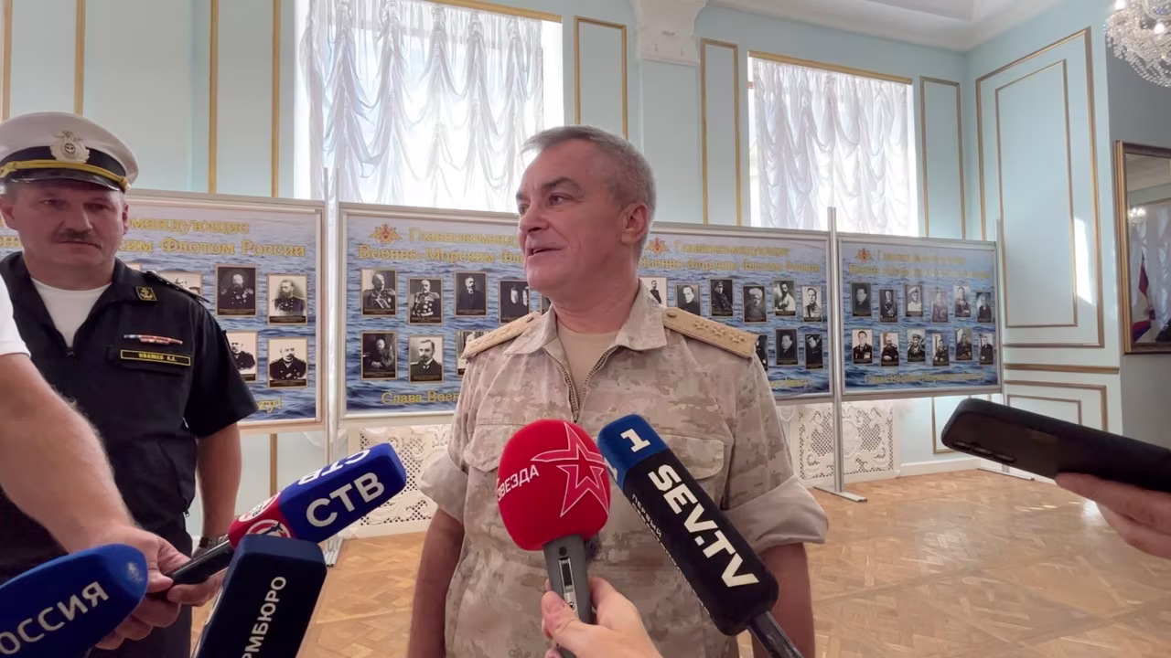 Admiral Viktor Sokolov, the commander of Russia's Black Sea Fleet, speaks with journalists during an interview at a military sports facility in Sevastopol, Crimea, in this still image taken from video released September 27.