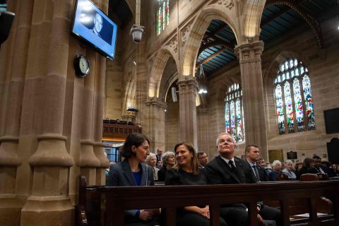 New South Wales Premier Gladys Berejiklian, left, sits with Australian Prime Minister Scott Morrison and Morrison's wife, Jenny, as they attend a special prayer service in Sydney to commemorate Prince Philip on Sunday, April 11.
