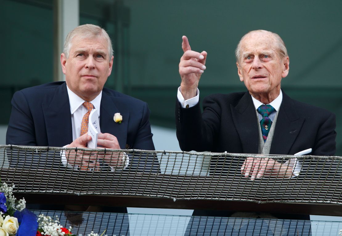 Prince Philip and Prince Andrew at Epsom Racecourse, England, in June 2016.