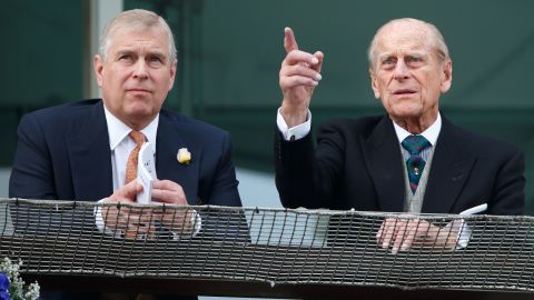 Prince Philip and Prince Andrew at Epsom Racecourse, England, in June 2016.