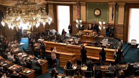 Colorado Gov. Jared Polis delivers his State of the State address in front of the House of Representatives in Denver on February 17, 2021.