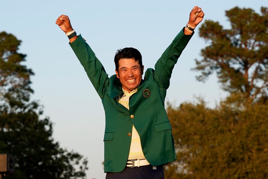 Hideki Matsuyama celebrates with the green jacket after winning the Masters golf tournament on Sunday, April 11. He finished one shot ahead of Will Zalatoris.