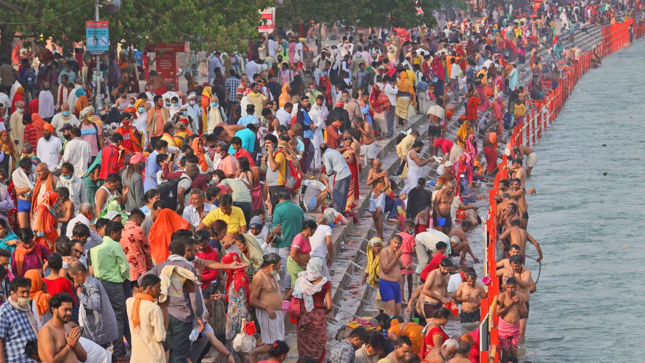 Crowds gather for a dip in the Ganges River, in Haridwar, India, on Monday.