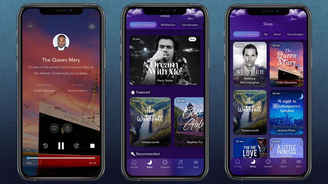 The Calm app offers dozens of sleep stories, from travelogues to tales for children.