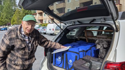 Everette Burkard prepares to deliver meals in Nevada County, California for the Meals on Wheels program.