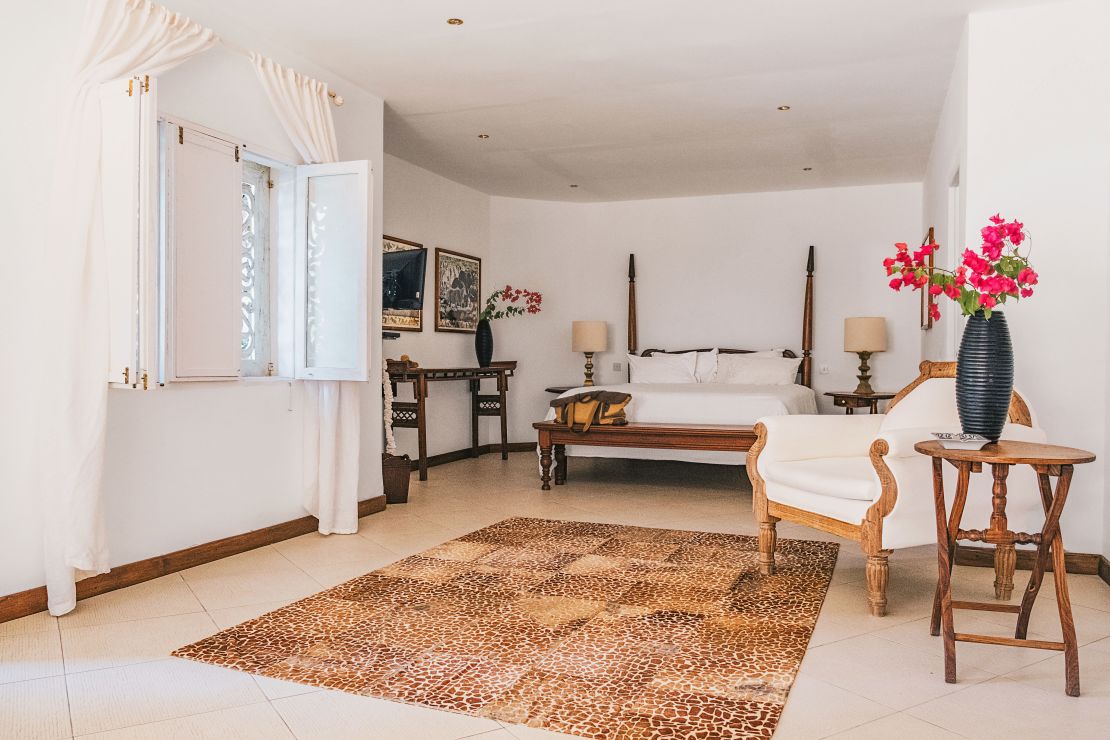Pictured is Naomi Campbell's guest room, featuring a locally made rug.