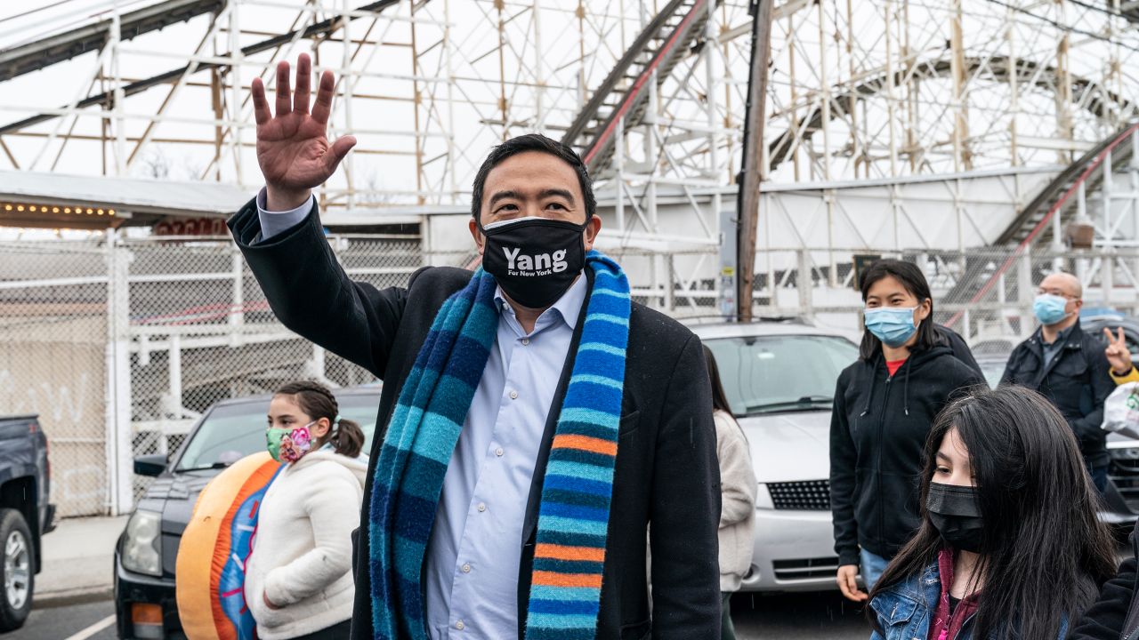 New York City mayoral candidate Andrew Yang and his family visit Coney Island on April 9, 2021. 