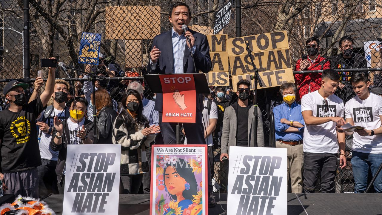 Yang speak during a March 16, 2021, rally against hate in Columbus Park in the Chinatown neighbourhood of Manhattan in New York City.