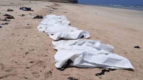 Bodies of suspected migrants who died after their boat capsized are seen arranged after they were retrieved off the Coast of Djibouti April 12, 2021.