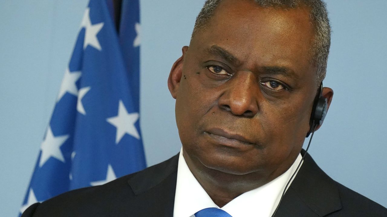Defense Secretary Lloyd Austin listens to a reporter's question while addressing the media following talks at the German Defense Ministry on April 13, 2021, in Berlin.