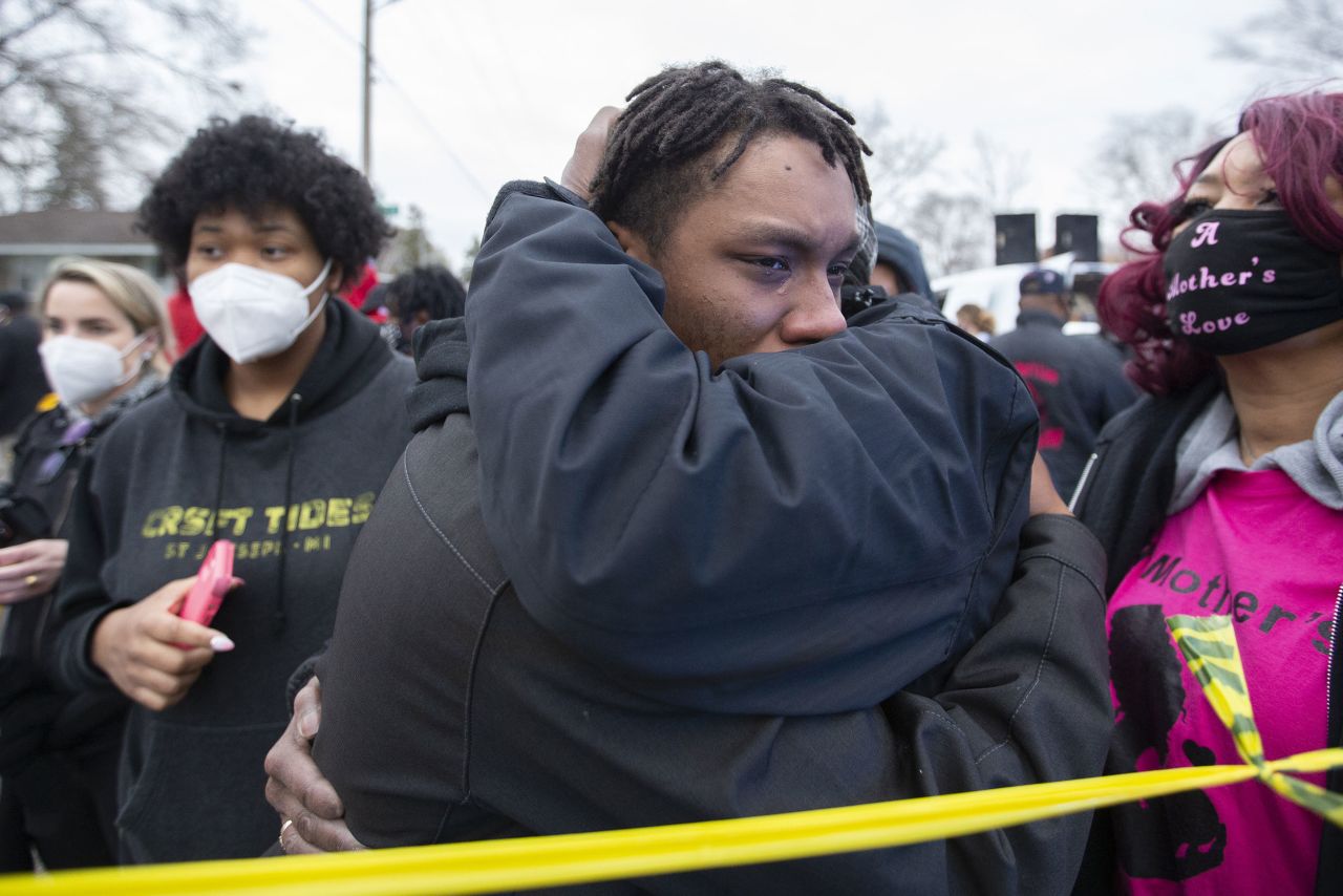 Relatives of Daunte Wright react in Brooklyn Center on Sunday.
