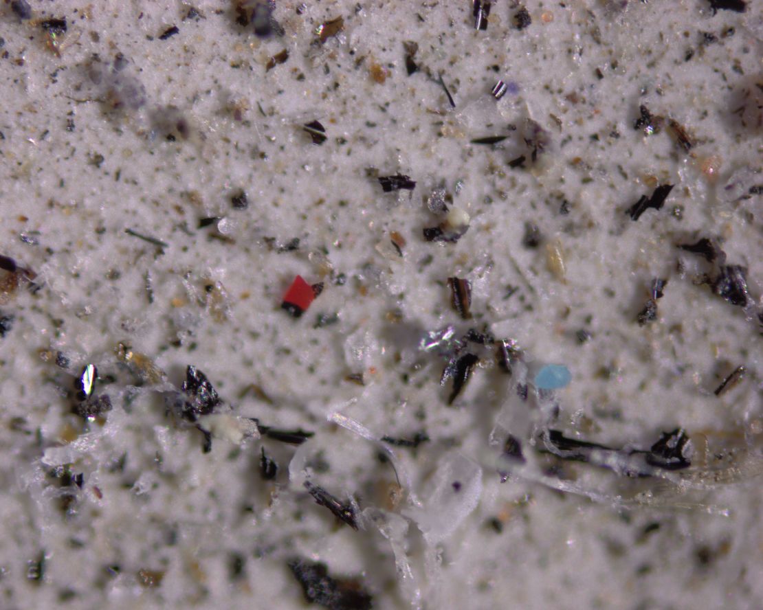 A close-up image of microplastics, which researchers found cycle the globe through the atmosphere.