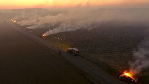 At dawn on April 7, smoke rises from fires lit in the Loire Valley's Vouvray vineyard to protect them from frost. 