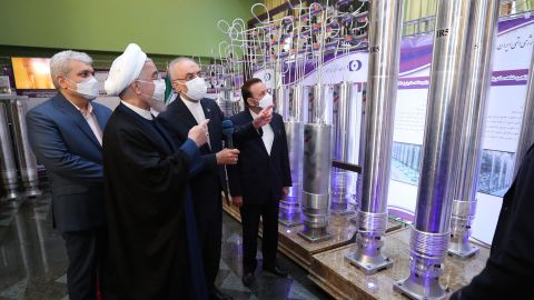 Iran's President Hassan Rouhani (L) visits Nuclear Technology exhibition in Tehran, Iran on April 10, 2021.