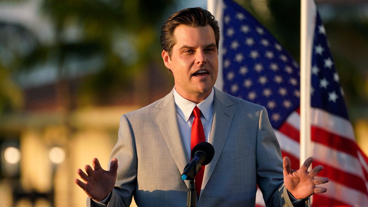 Congressman Matt Gaetz, R-Fla., speaks at a "Women for American First" event  Friday, April 9, 2021, in Doral, Florida.