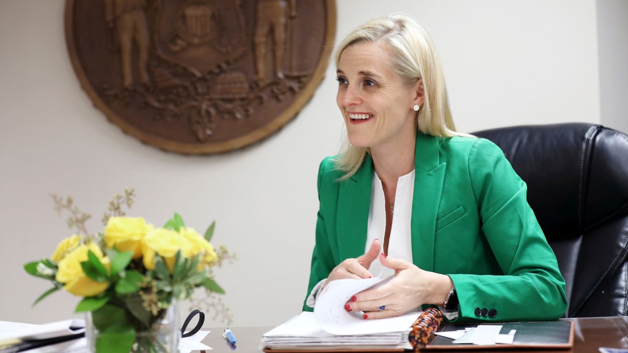Wisconsin State Treasurer Sarah Godlewski works in her office in the basement at the Wisconsin State Capitol in Madison, Wisconsin in January 2019.
