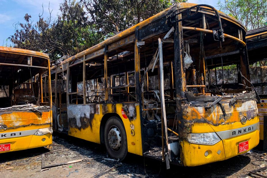 Buses from the Yangon Bus Service are seen burnt on April 12.