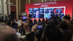Mandatory Credit: Photo by WU HONG/EPA-EFE/Shutterstock (11822579p)
A video shows Elon Musk, CEO of Tesla Inc., speaking during the China Development Forum 2021 at the Diaoyutai State Guesthouse in Beijing, China, 20 March 2021. The China Development Forum 2021 is held in Beijing from 20 to 22 March 2021, with the theme of 'China On a New Journey of Modernisation.'
China Development Forum 2021 in Beijing - 20 Mar 2021
