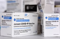 J&J Covid-19 vaccine boxes seen at a vaccination site