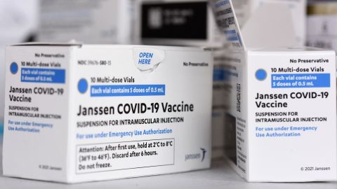 J&J Covid-19 vaccine boxes seen at a vaccination site