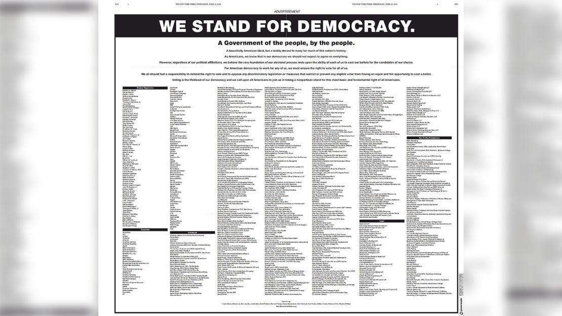 Hundreds of companies took out a full-page ad in the New York Times Wednesday to support voting rights.