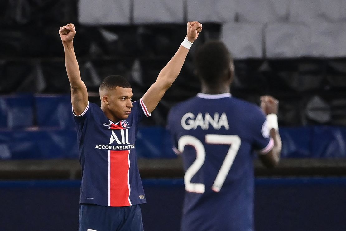 PSG celebrate after beating Bayern in the Champions League quarterfinal.