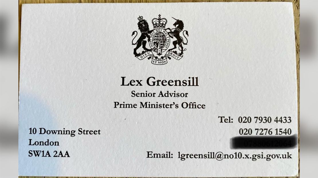 The opposition Labour party has leaked the Downing Street business card of Lex Greensill.