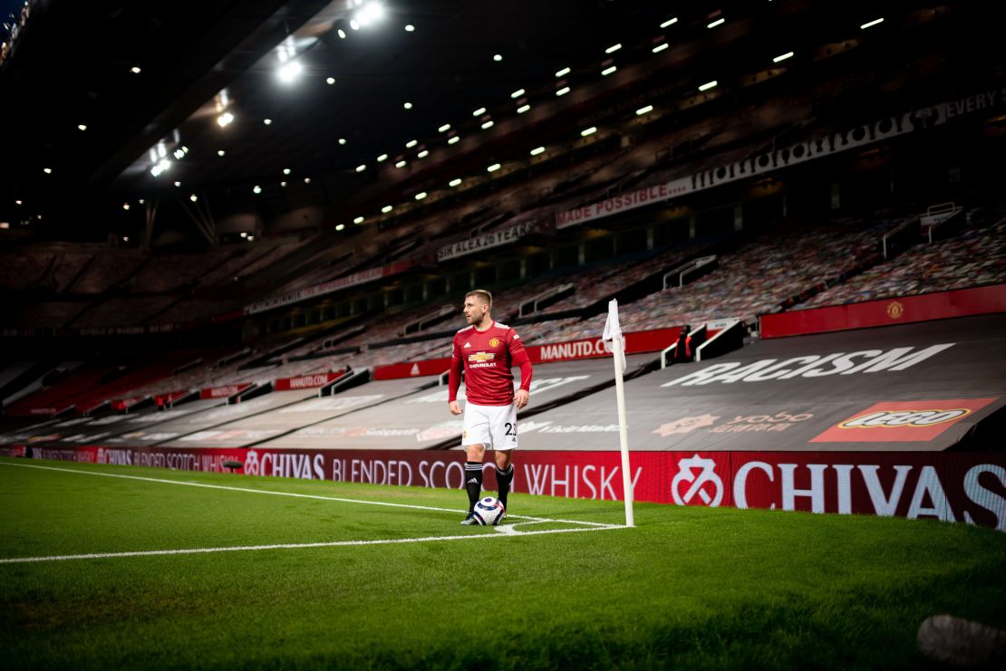 United player Luke Shaw in action during a Premier League match against Brighton & Hove Albion.