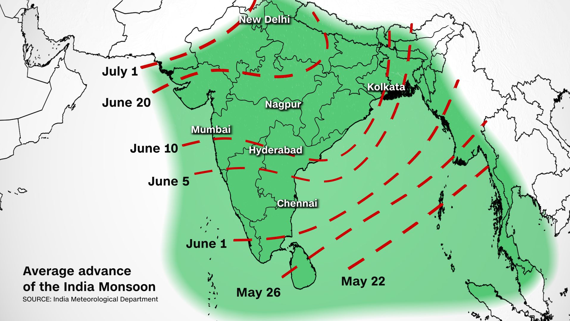 This graphic shows when monsoon season typically starts across India.