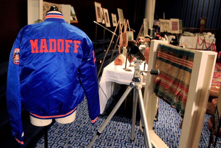 A New York Mets jacket is displayed during an auction of Madoff items in November 2009.