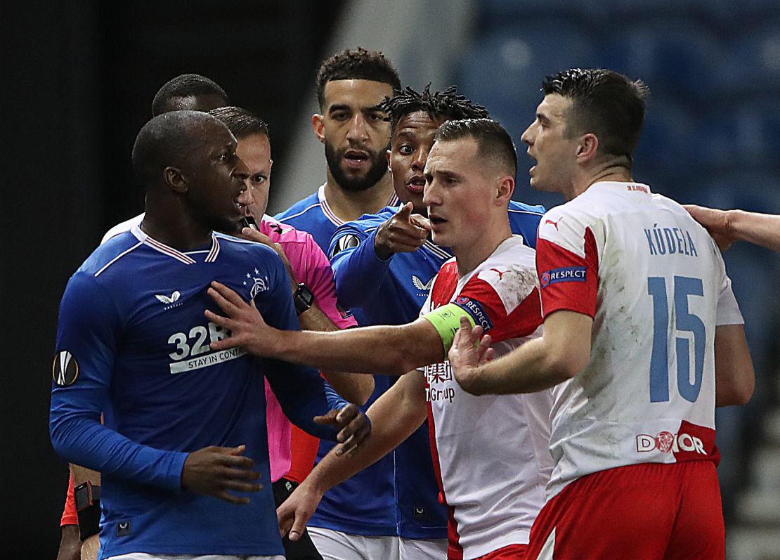 Ondrej Kudela (right) clashes with Glen Kamara (left) during the round of 16 Europa League game. 