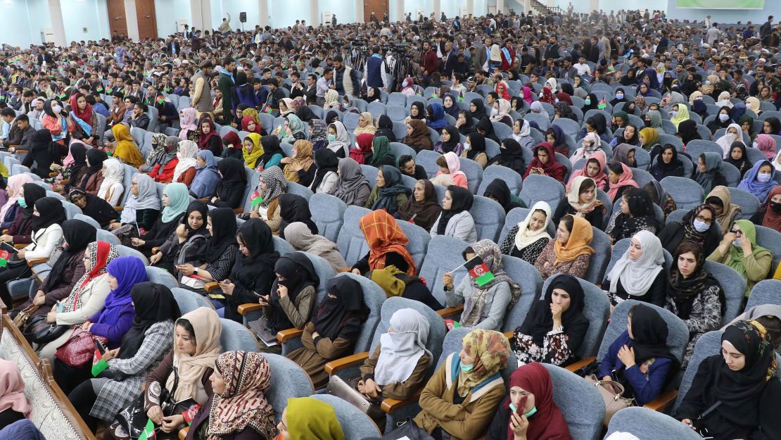 Afghan women, youths, activists and elders gather at a rally to support peace talks and the republic government in Kabul, Afghanistan, on March 29, 2021.