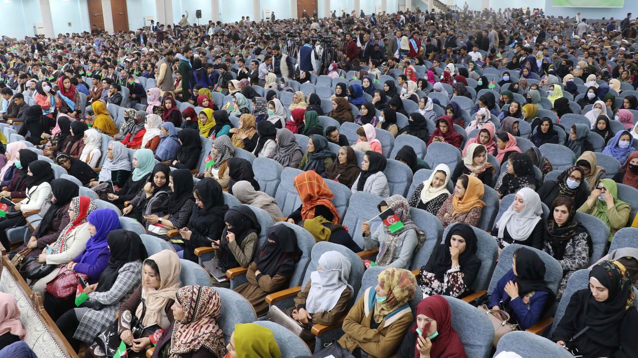 Afghan women, youths, activists and elders gather at a rally to support peace talks and the republic government in Kabul, Afghanistan, on March 29, 2021. 