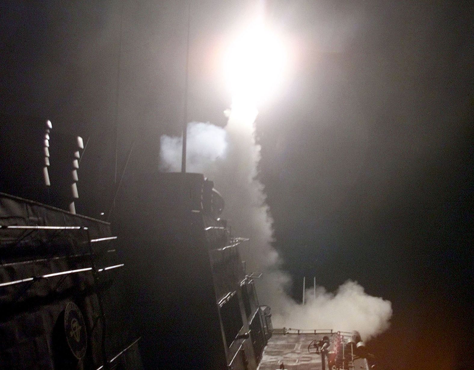 A Tomahawk cruise missile is launched from a US ship in the Arabian Sea on October 7, 2001. American and British forces began airstrikes in Afghanistan, targeting al Qaeda and the Taliban regime that had been giving al Qaeda protection.