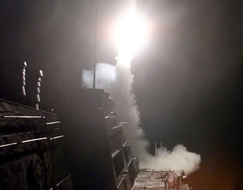 A Tomahawk cruise missile is launched from a US ship in the Arabian Sea on October 7, 2001. American and British forces began airstrikes in Afghanistan, targeting al Qaeda and the Taliban regime that had been giving al Qaeda protection. 