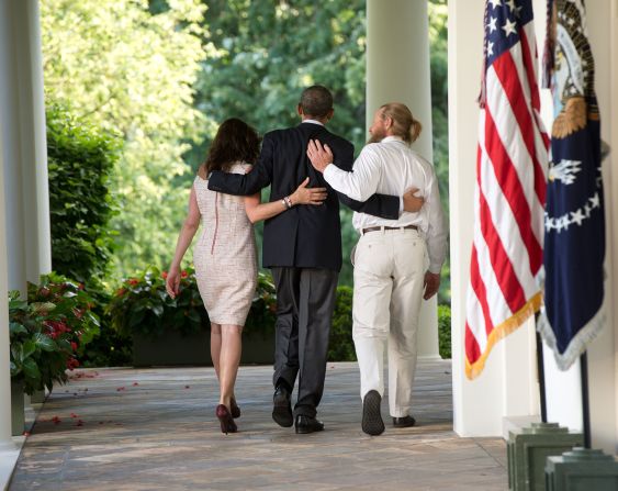 US President Barack Obama walks with the parents of Army Sgt. Bowe Bergdahl after making a statement at the White House about <a href="index.php?page=&url=http%3A%2F%2Fwww.cnn.com%2F2014%2F05%2F31%2Fworld%2Fasia%2Fafghanistan-bergdahl-release%2Findex.html" target="_blank">Bergdahl's release</a> in May 2014. Bergdahl had been held captive in Afghanistan for nearly five years, and the Taliban released him in exchange for five U.S.-held prisoners.