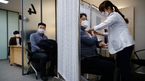 Participants take part in a mock Covid-19 vaccination drill in Seoul, South Korea. 