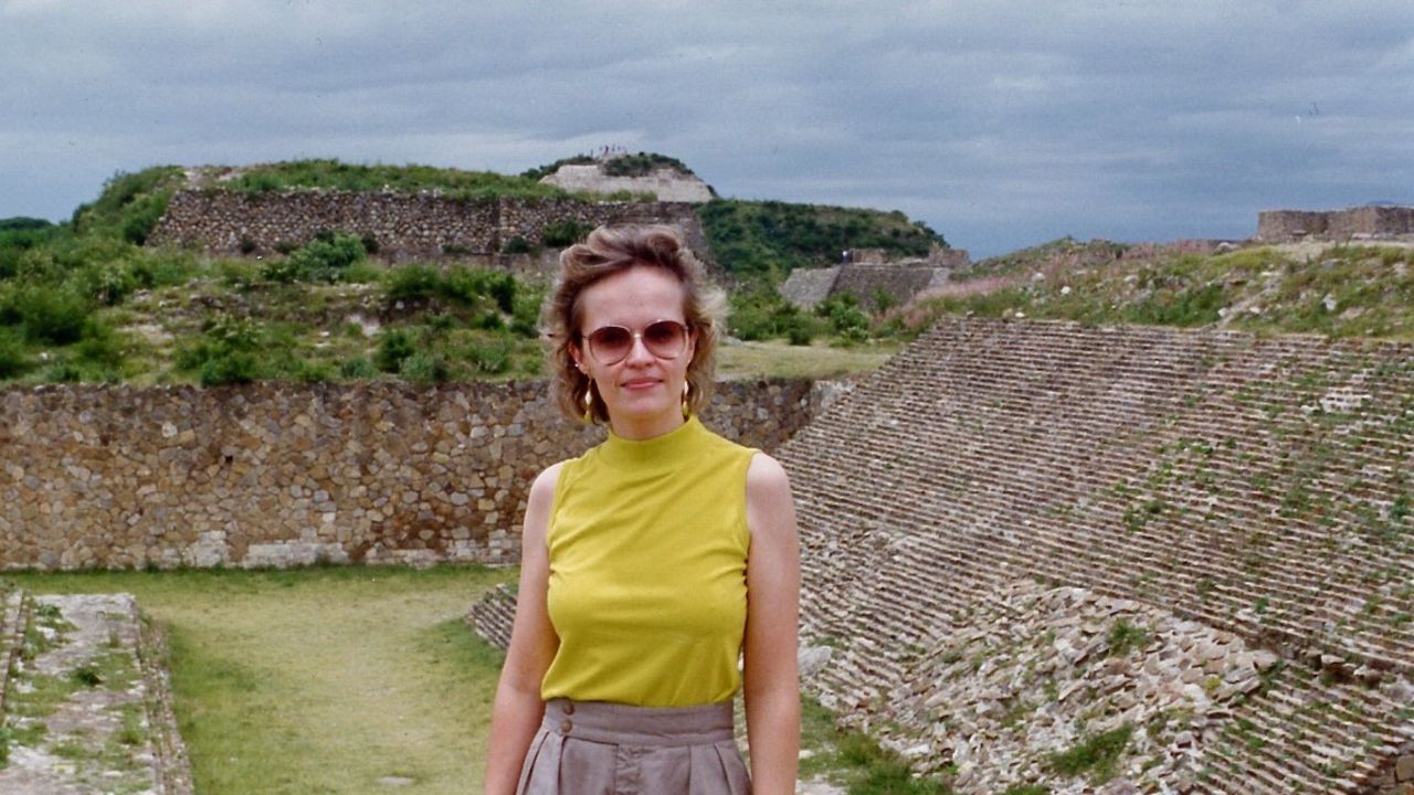<strong>Traveling in Mexico:</strong> Irja, born in Finland and living in New York, had long dreamed of traveling to Latin America. She met Jesús on her way to Oaxaca, Mexico. Here she is exploring the archaeological site of Monte Albán that August 1991.