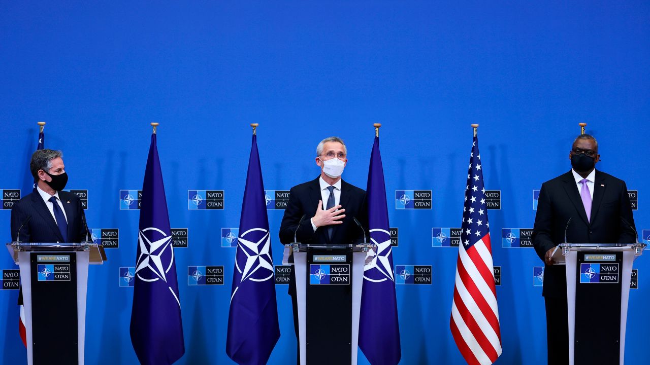 From left, US Secretary of State Antony Blinken, NATO Secretary-General Jens Stoltenberg and US Defense Secretary Lloyd Austin participate in a media conference at NATO headquarters in Brussels, Belgium, on Wednesday, April 14.