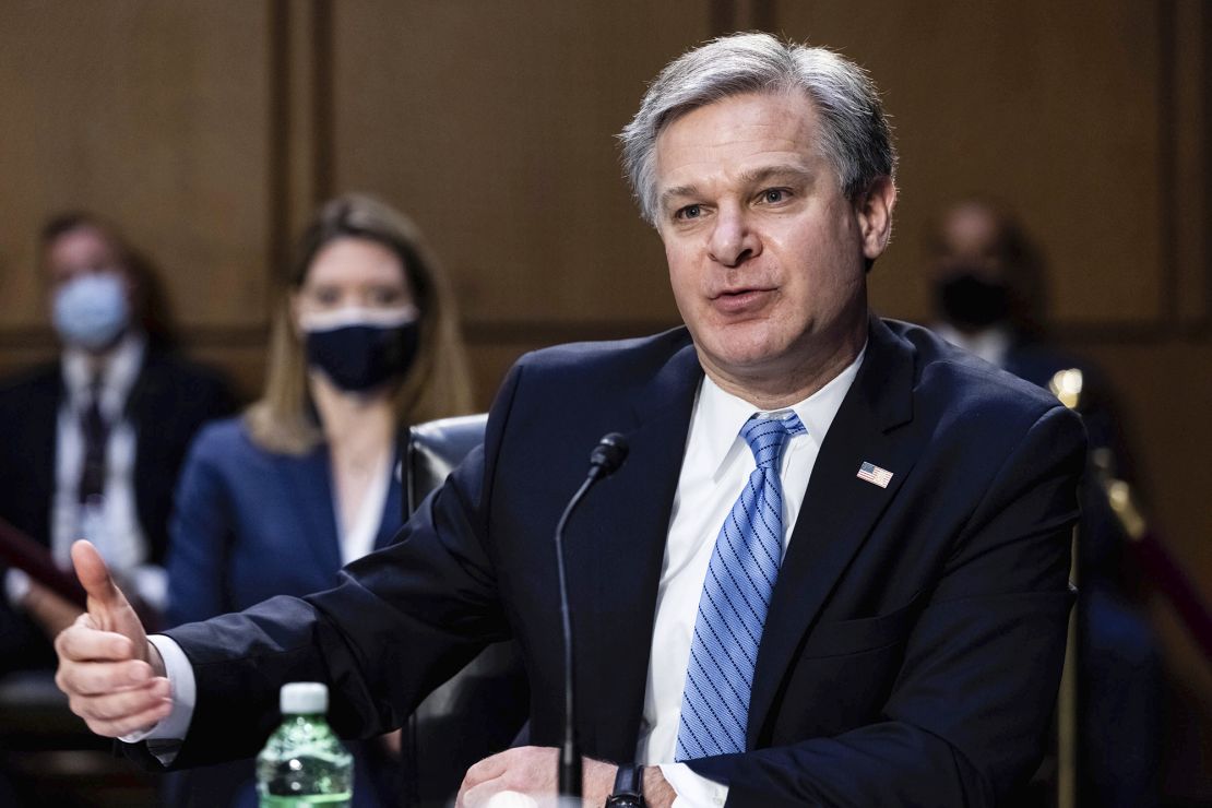 FBI Director Christopher Wray testifies during a Senate Select Committee on Intelligence hearing about worldwide threats, on Capitol Hill in Washington, Wednesday, April 14.