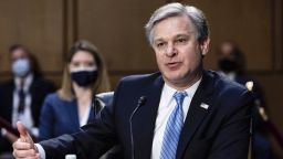 FBI Director Christopher Wray testifies during a Senate Select Committee on Intelligence hearing about worldwide threats, on Capitol Hill in Washington, Wednesday, April 14, 2021. (Graeme Jennings/Pool via AP)