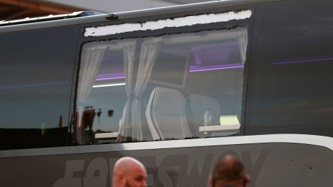 A view of the Real Madrid team bus showing damage to a window before the Champions League match at Anfield.