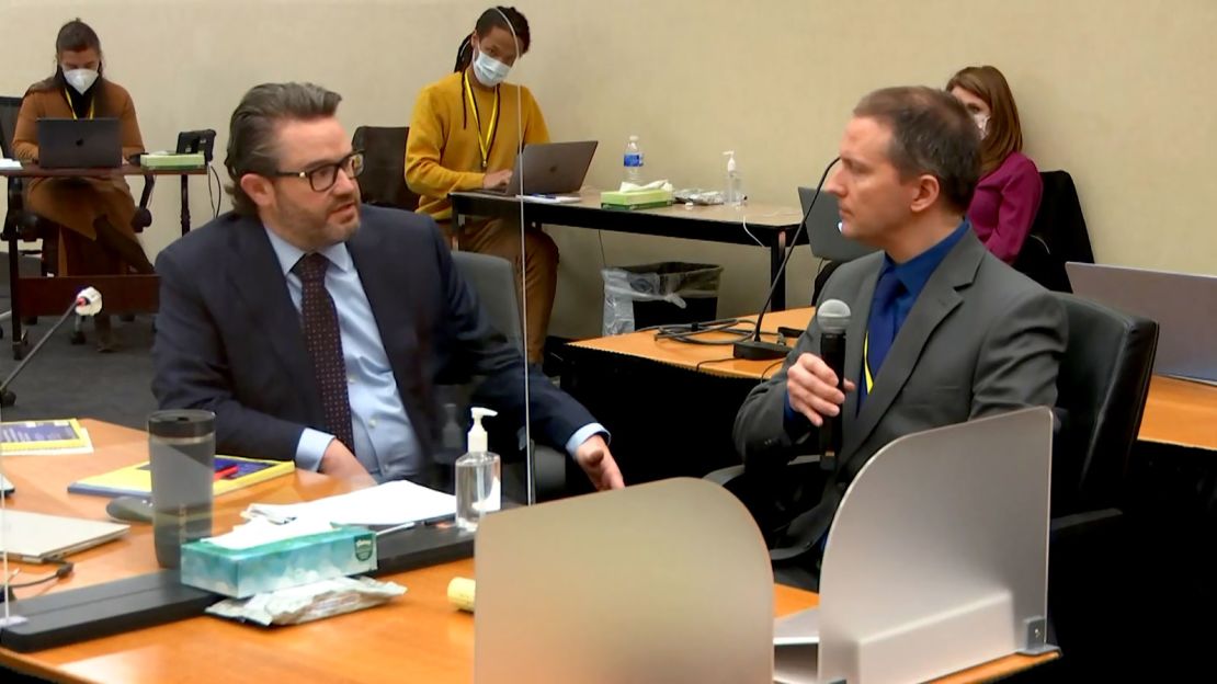 Defense attorney Eric Nelson (left) explained to Derek Chauvin that he has the right not to testify at trial on Thursday, April 15, 2021.